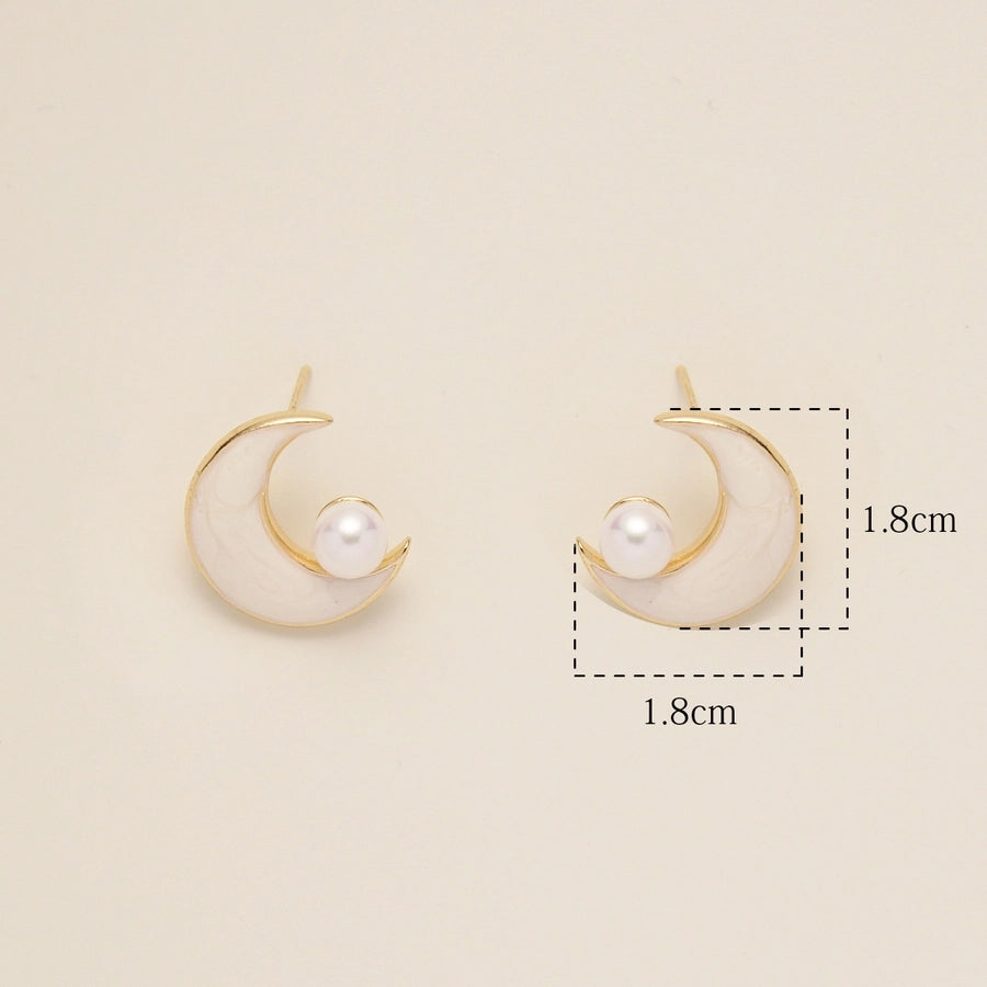 1 Pair Elegant Simple Style Star Moon Solid Color Inlay Copper Pearl Zircon 18K Gold Plated Drop Earrings Ear Studs