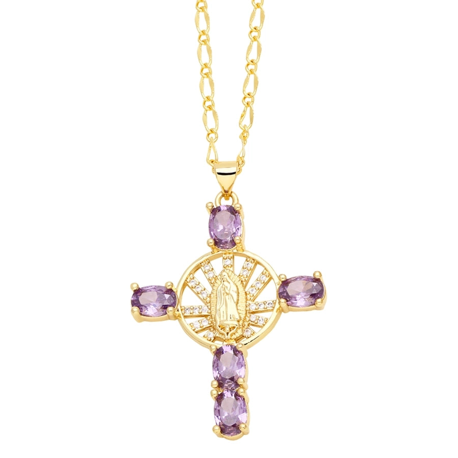 retro novelty cross virgin mary copper plating inlay zircon 18k gold plated pendant necklace