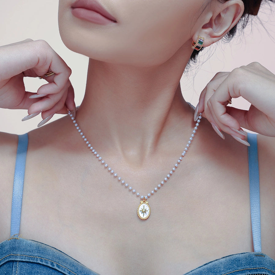 European and American Style Oval Natural Fritillary Eight Awn Star Pendant Imitation Pearl Chain Necklace Light Luxury Titanium Steel Necklace Jewelry for Women