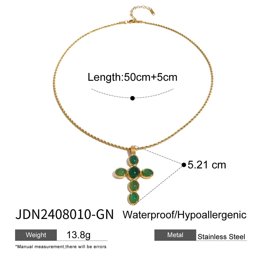 Jewelry Simple Style Classic Style Cross 304 Stainless Steel Natural Stone Rhinestones Zircon 18K Gold Plated Pendant Necklace