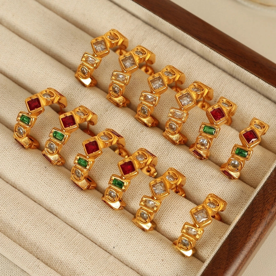 1 Pair IG Style Vintage Style C Shape Polishing Inlay 304 Stainless Steel Zircon 18K Gold Plated Ear Studs