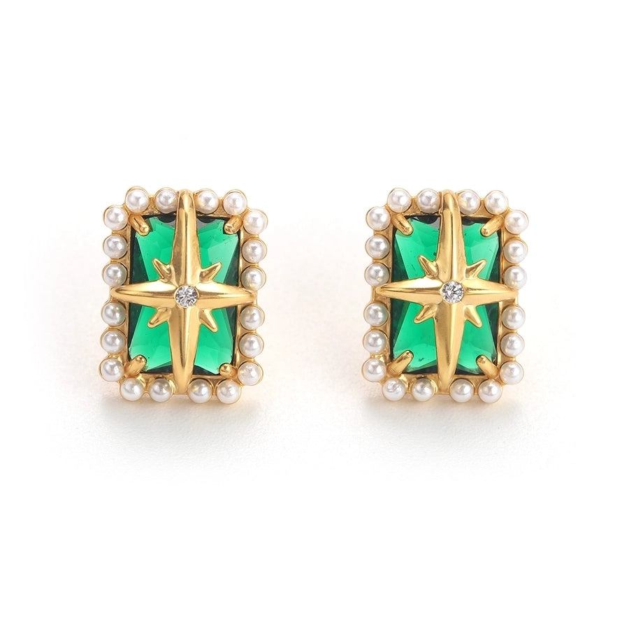 1 Pair Retro Hexagram Enamel Plating Inlay Copper Pearl Zircon 18K Gold Plated Ear Studs