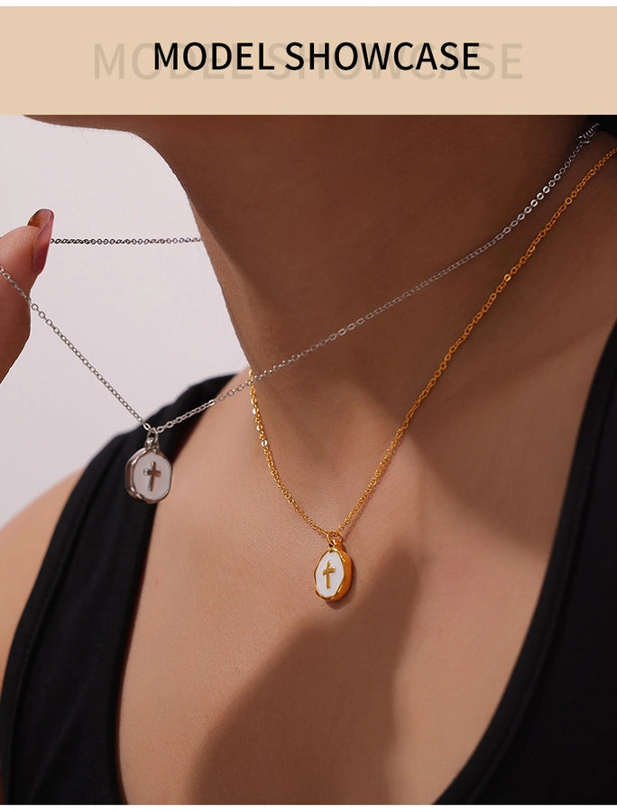 304 Stainless Steel 18K Gold Plated Casual Simple Style Commute Enamel Plating Cross Round Heart Shape Pendant Necklace - CEJEW