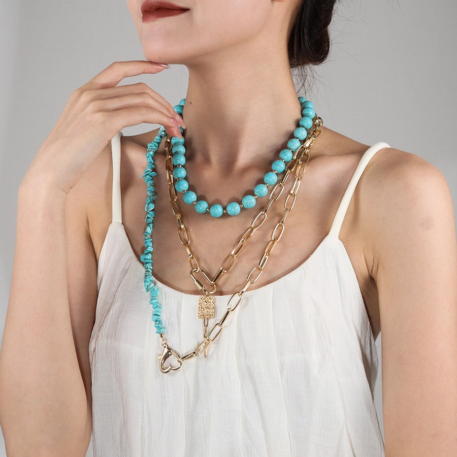 Elegant Exaggerated Lady Geometric Heart Shape Gold Plated Alloy turquoise  Three Layer Necklace