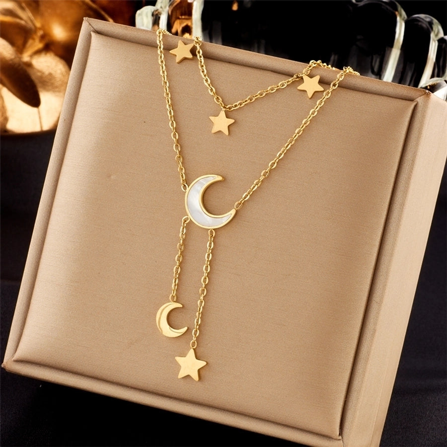 Jewelry Fashion Star Moon 304 Stainless Steel 18K Gold Plated Plating Stainless Steel Necklaces - CEJEW