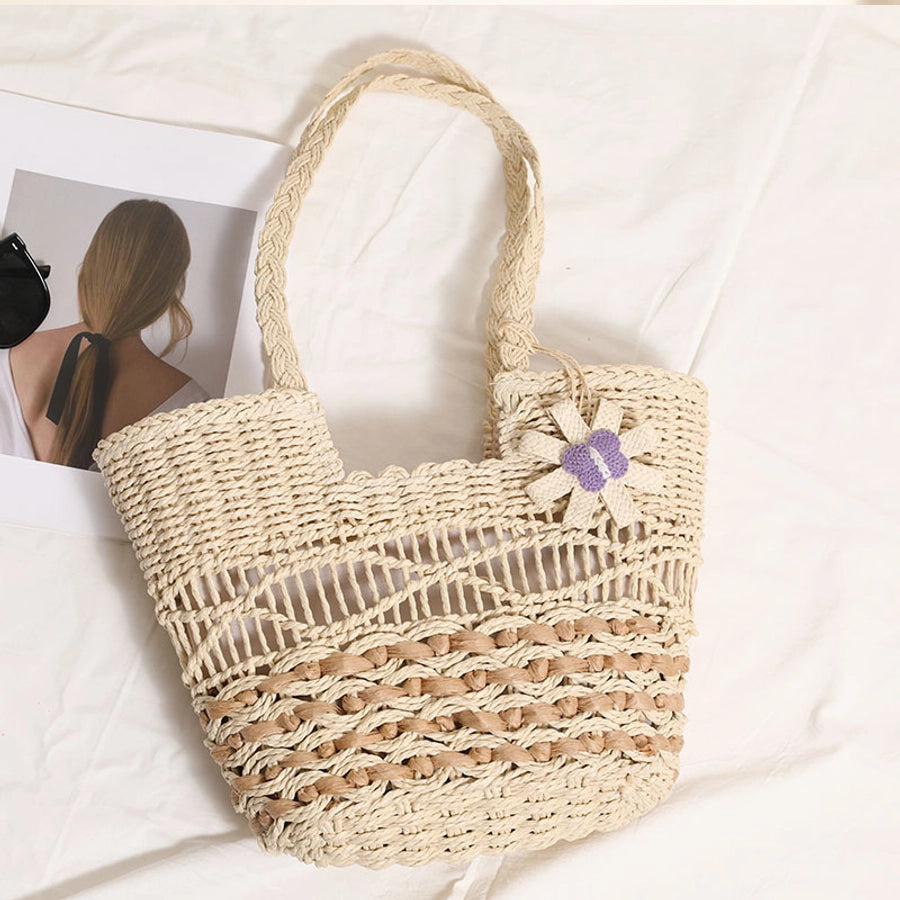 Women's Straw Flower Vacation Weave Hollow Bucket Zipper Tote Bag