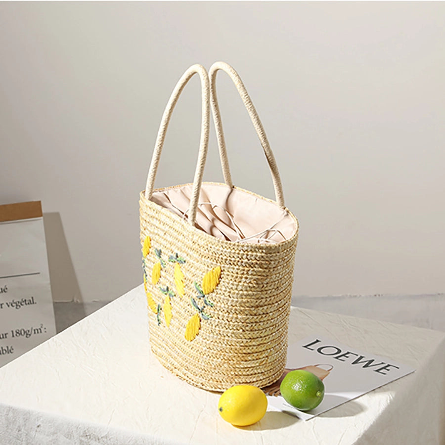 Women's Medium Straw Lemon Vacation Beach Weave Bucket String beach bag