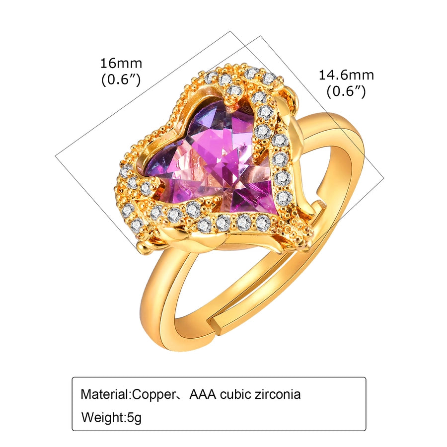 Copper 18K Gold Plated IG Style Plating Inlay Heart Shape Zircon Adjustable Ring