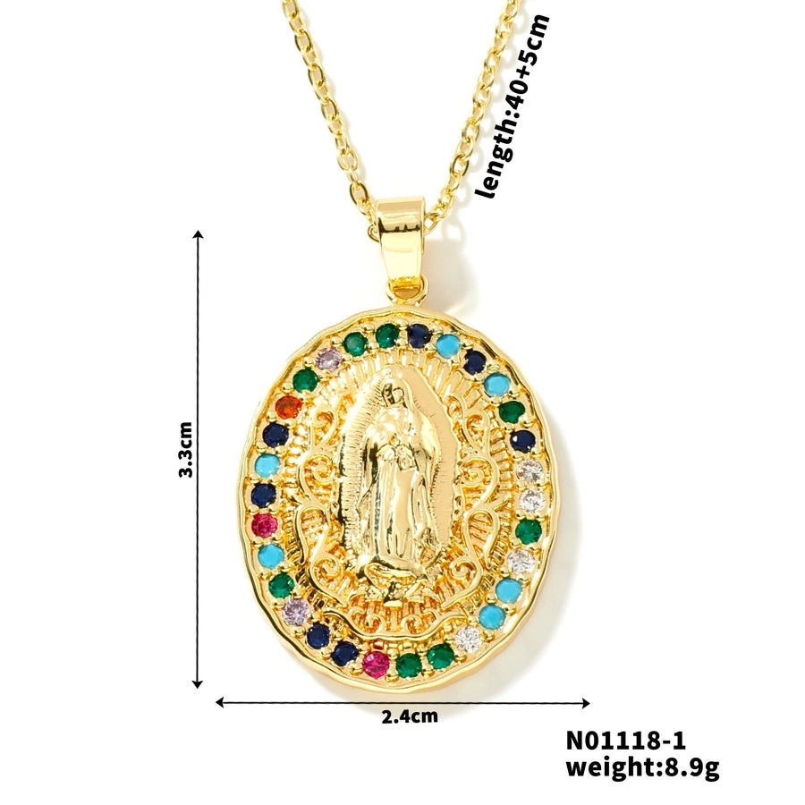 Jewelry Vintage Style Virgin Mary Oval Heart Shape 304 Stainless Steel Copper Zircon K Gold Plated Inlay Pendant Necklace