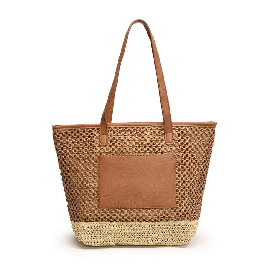 Women's Medium Straw Solid Color Basic Beach Weave Sewing Thread Square Zipper Tote Bag