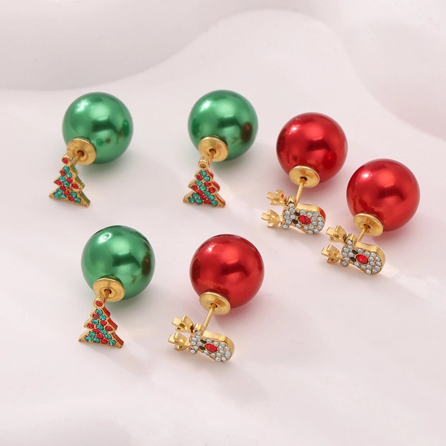 1 Pair Cute Christmas Tree Elk Plating Inlay 304 Stainless Steel Zircon 18K Gold Plated Ear Studs