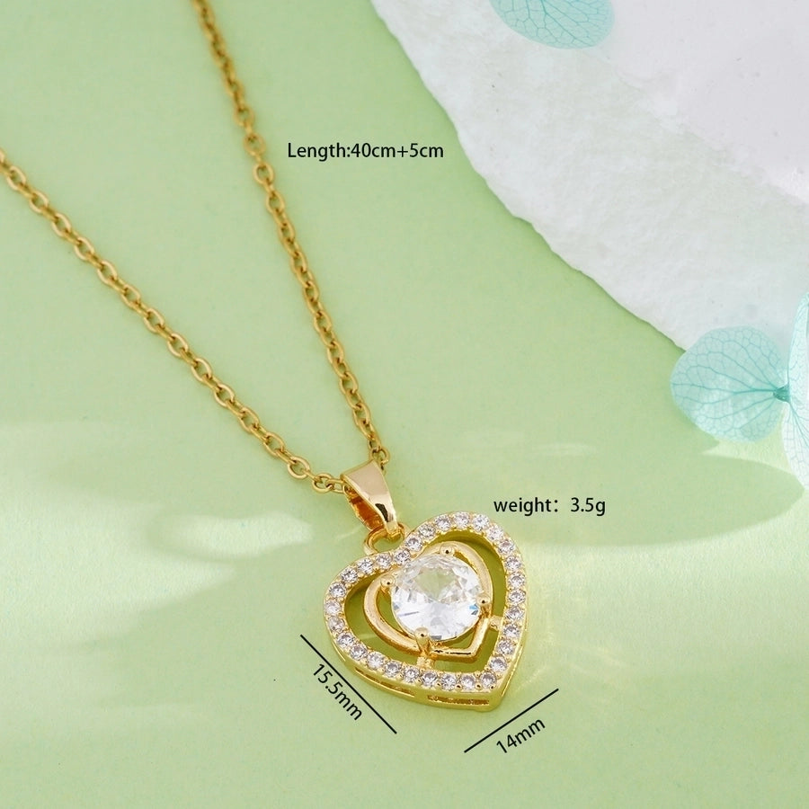 304 Stainless Steel Copper Inlay Heart Shape Zircon Pendant Necklace