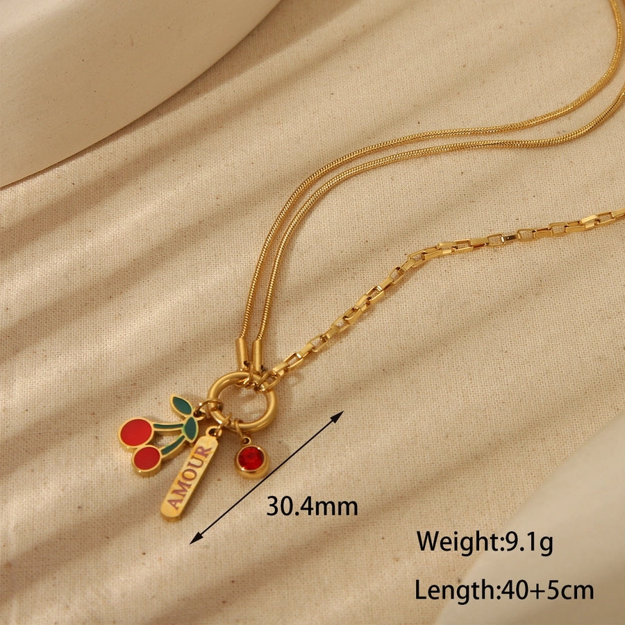 Jewelry Cute Cherry 304 Stainless Steel Zircon 18K Gold Plated Epoxy Plating Inlay Pendant Necklace - CEJEW