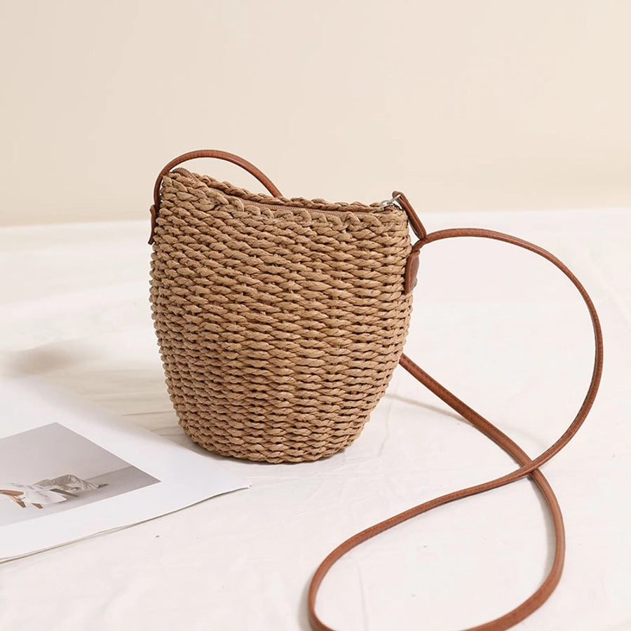 Women's Straw Solid Color Vacation Weave Bucket Zipper Crossbody Bag