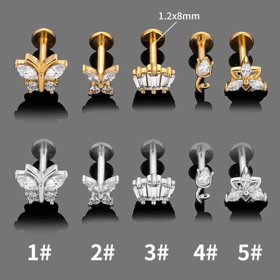 1 Piece Lip Rings Simple Style Commute Rose Crown Butterfly 316L Stainless Steel  Plating Zircon 18K Gold Plated Lip Rings Ear Cartilage Rings & Studs Nose Rings & Studs