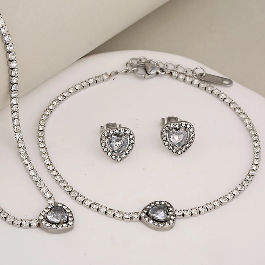 Jewelry Glam Luxurious Shiny Heart Shape 304 Stainless Steel Artificial Diamond Inlay Jewelry Set