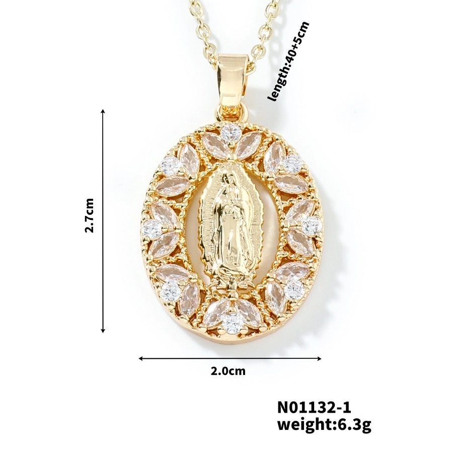 Jewelry Vintage Style Classic Style Geometric Round Virgin Mary 304 Stainless Steel Copper Zircon K Gold Plated Inlay Pendant Necklace - CEJEW