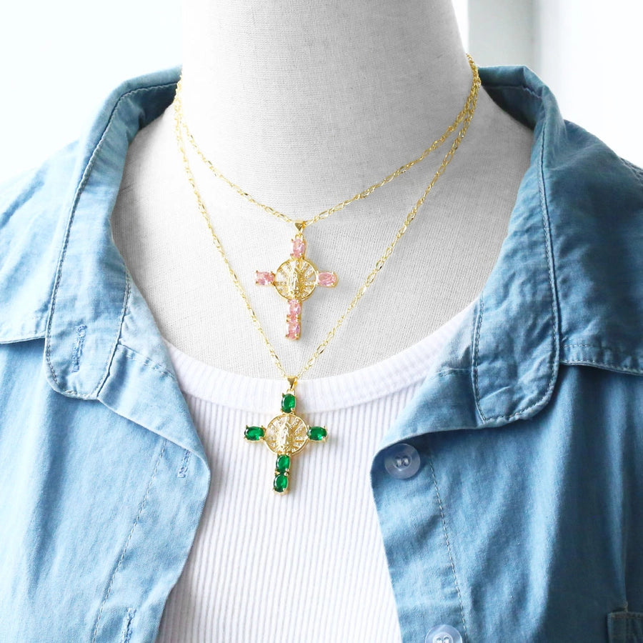 retro novelty cross virgin mary copper plating inlay zircon 18k gold plated pendant necklace