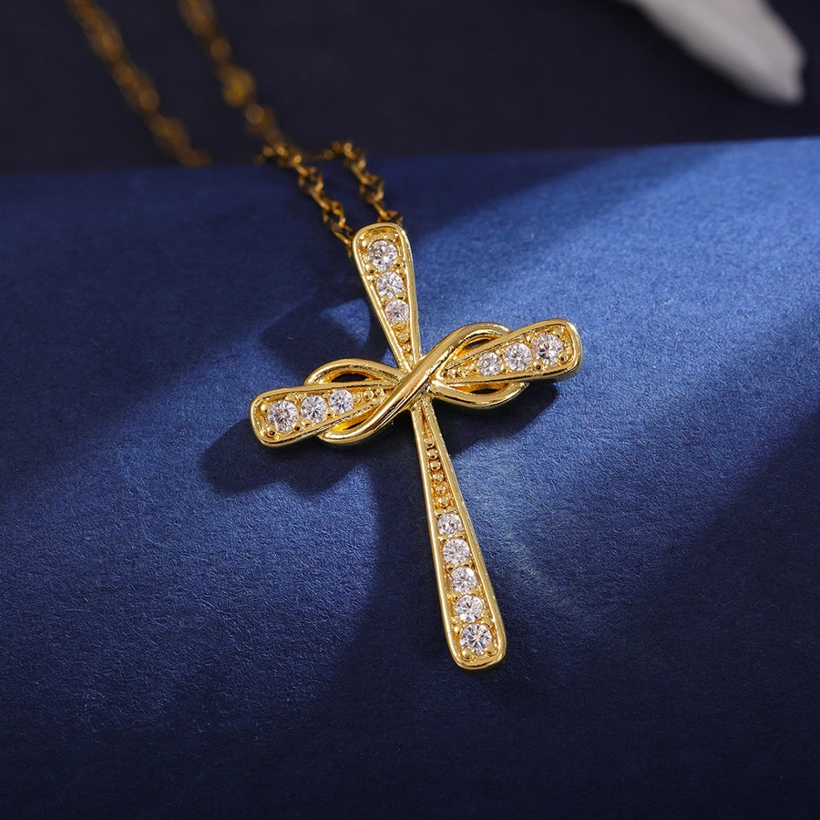 Classic Style Cross 304 Stainless Steel Copper Inlay 18K Gold Plated Zircon Pendant Necklace