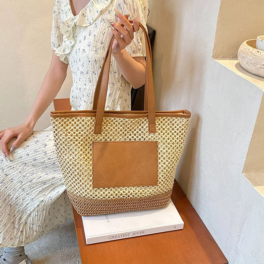 Women's Medium Straw Solid Color Basic Beach Weave Sewing Thread Square Zipper Tote Bag