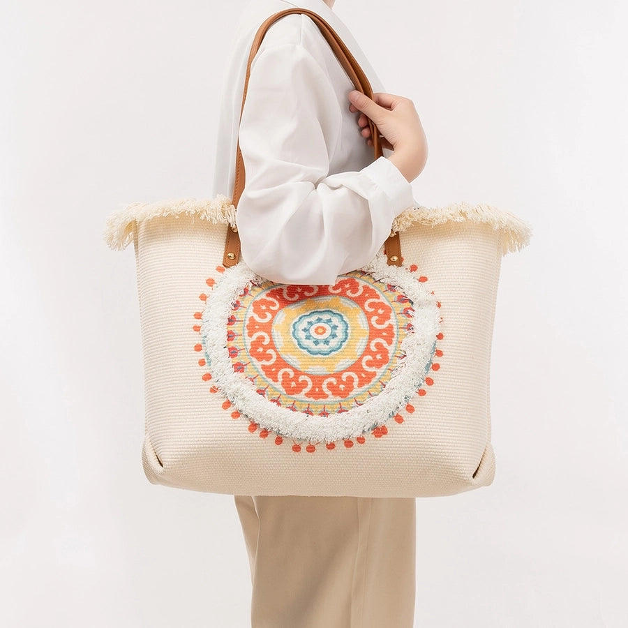 Women's Large Polyester Flower Elegant Streetwear Tassel Square Magnetic Buckle Tote Bag