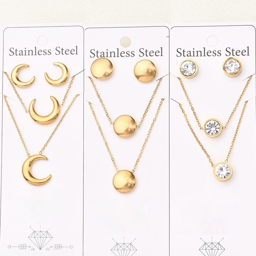 Jewelry Casual Basic Vacation Round Moon Simple 304 Stainless Steel Glass Rhinestone 18K Gold Plated Handmade Polishing Plating Jewelry Set