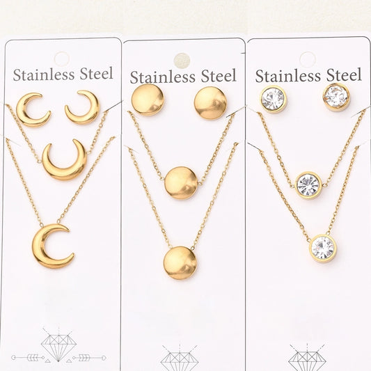 Jewelry Casual Basic Vacation Round Moon Simple 304 Stainless Steel Glass Rhinestone 18K Gold Plated Handmade Polishing Plating Jewelry Set