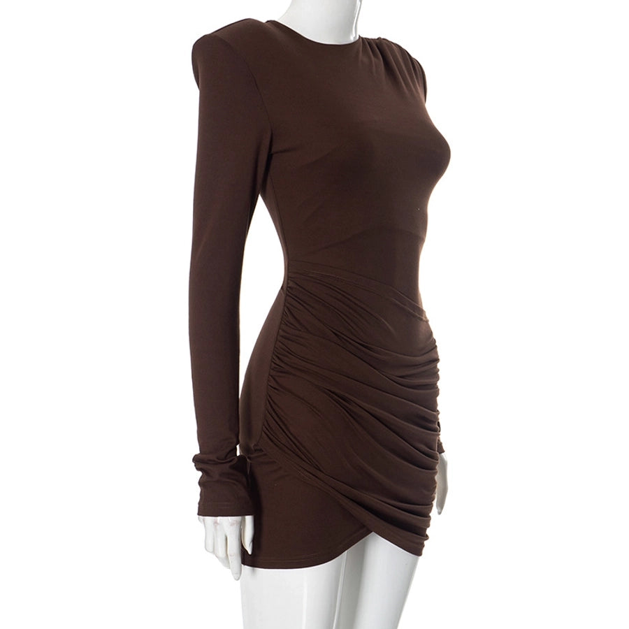 Women's Sheath Dress Sexy Round Neck Pleated Long Sleeve Solid Color Above Knee Holiday Banquet