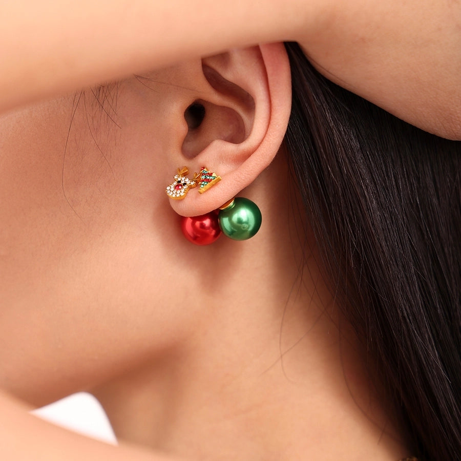 1 Pair Cute Christmas Tree Elk Plating Inlay 304 Stainless Steel Zircon 18K Gold Plated Ear Studs