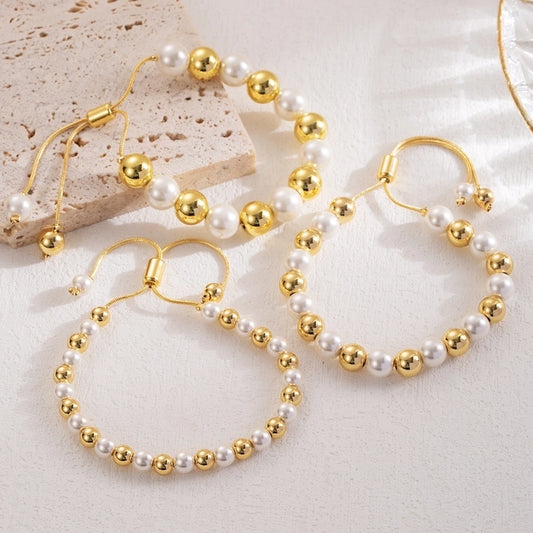 ig style simple style round imitation pearl copper 18k gold plated bracelets in bulk