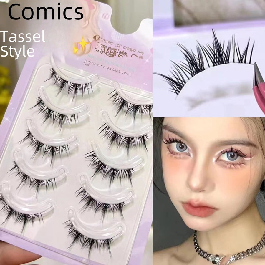 Cute Cartoon Tassel Style False Eyelashes Crossed Natural Airy Transparent Fine Stemmed Five Pairs Set