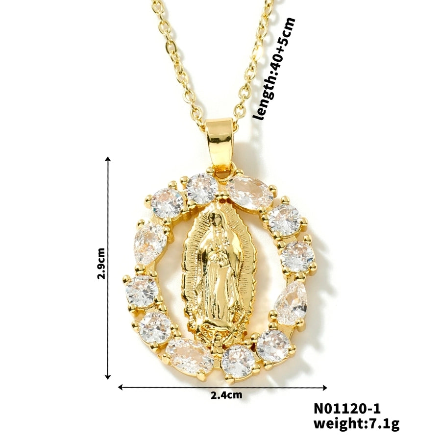 Jewelry Vintage Style Virgin Mary Oval Heart Shape 304 Stainless Steel Copper Zircon K Gold Plated Inlay Pendant Necklace