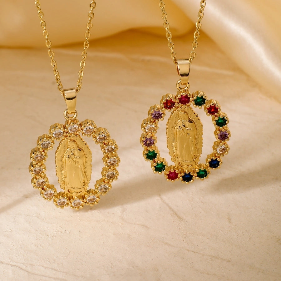 Jewelry Vintage Style Classic Style Geometric Round Virgin Mary 304 Stainless Steel Copper Zircon K Gold Plated Inlay Pendant Necklace - CEJEW