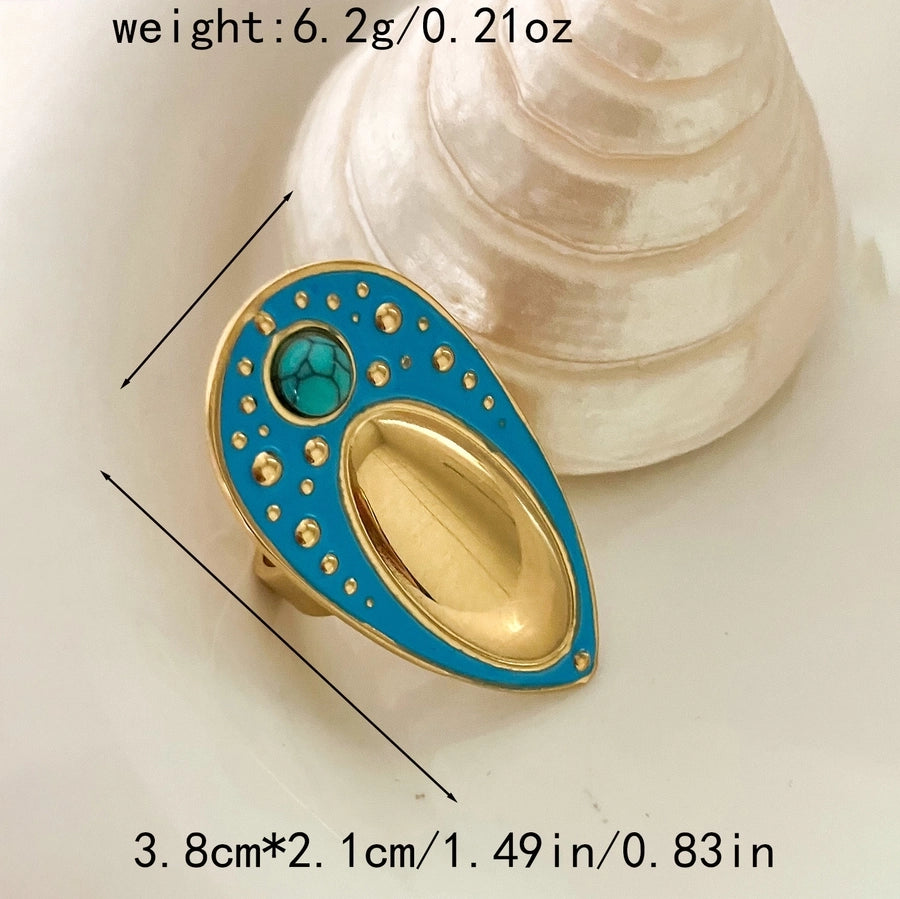 304 Stainless Steel Gold Plated Modern Style Sweet Asymmetrical Enamel Plating Round Water Droplets Turquoise Open Rings