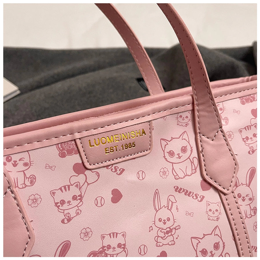 Women's Medium Pu Leather Cat Cute Streetwear Sewing Thread Square Zipper Tote Bag