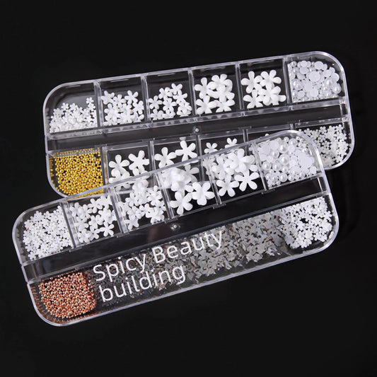 Trendy 12-grid Box Japanese Style Five-petal Flower Steel Beads Pearls White Flowers 3d Mixed Sizes Nail Art Decorations