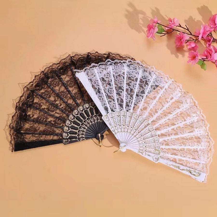 Classic Lolita Lace Fan Cheongsam Show Photo Folding Fan Dark System Lace Home Daily Use