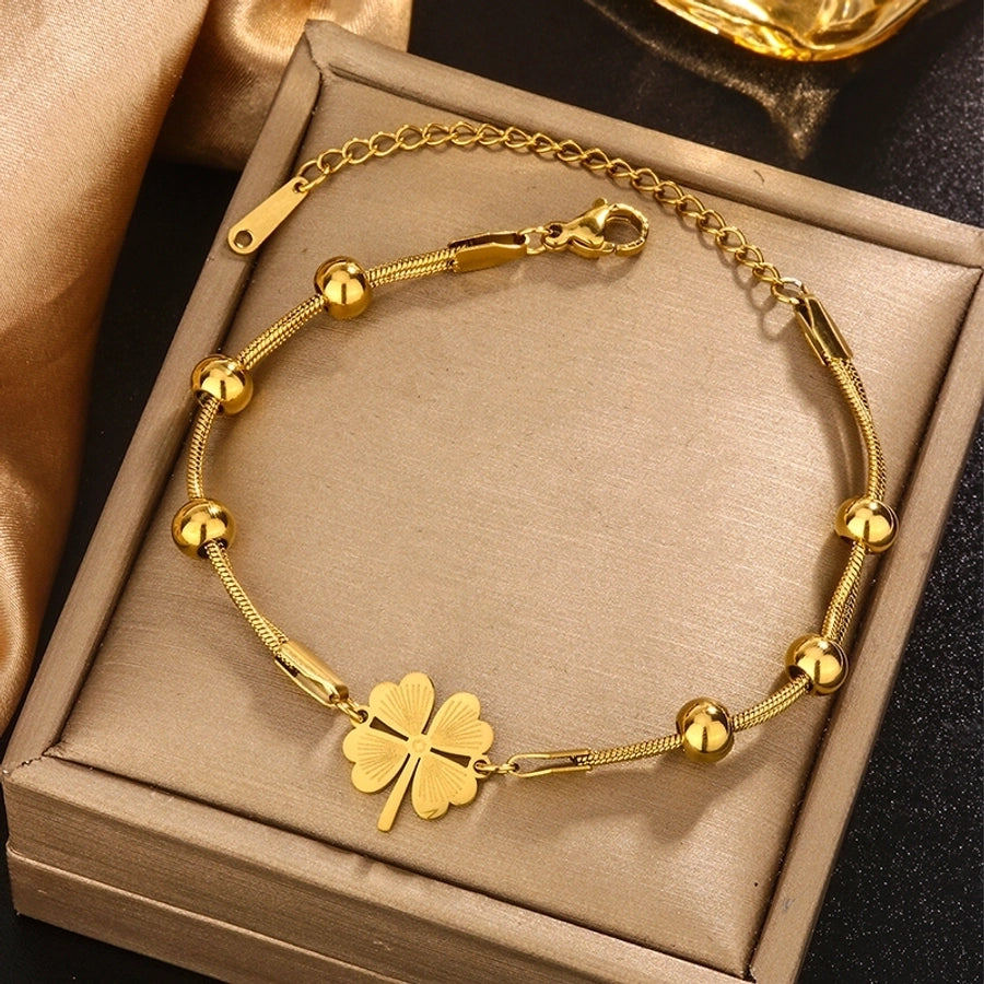 Hip-Hop French Style Commute Four Leaf Clover Devil's Eye Butterfly 304 Stainless Steel 18K Gold Plated Pearl Zircon Bracelets In Bulk