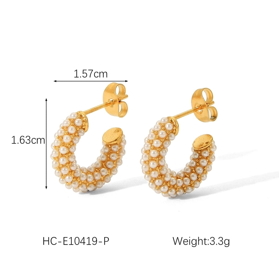 1 Piece IG Style C Shape Plating Inlay 304 Stainless Steel Rhinestones Pearl 18K Gold Plated Ear Studs