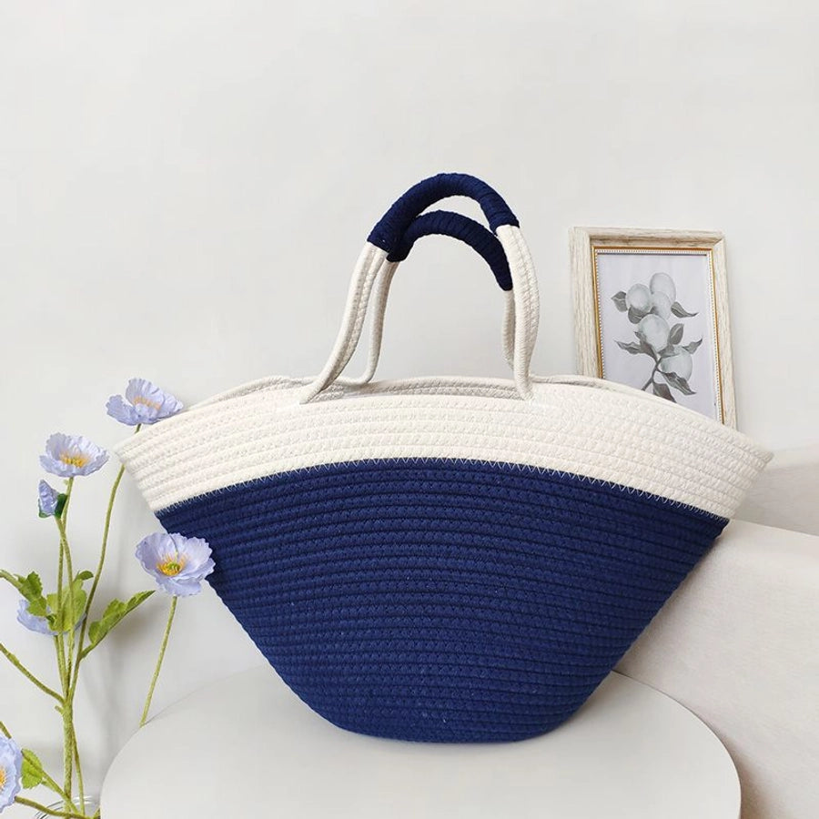 Women's Large Cotton Color Block Vacation Streetwear Weave Bucket Open beach bag