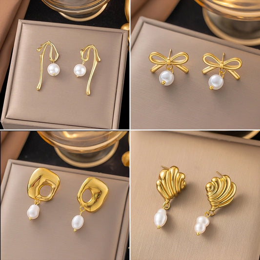 1 Pair Simple Style Bow Knot Shell Polishing Plating Inlay 304 Stainless Steel Pearl 18K Gold Plated Earrings Ear Studs