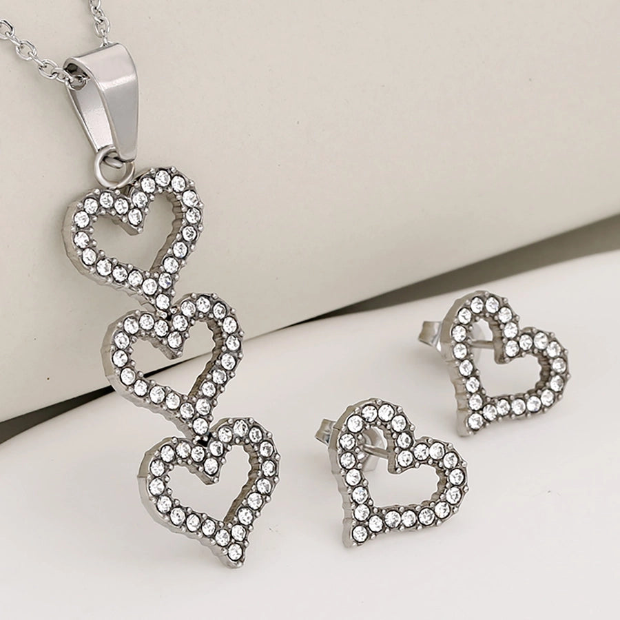 Jewelry Luxurious Shiny Korean Style Circle Heart Shape 304 Stainless Steel Rhinestones 18K Gold Plated Polishing Plating Inlay Jewelry Set