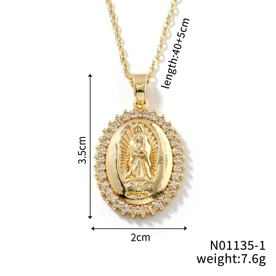 Jewelry Vintage Style Classic Style Geometric Round Virgin Mary 304 Stainless Steel Copper Zircon K Gold Plated Inlay Pendant Necklace - CEJEW