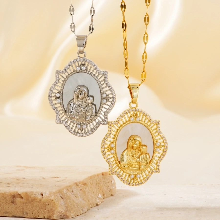 Jewelry Vintage Style Religion Artistic Round Virgin Mary 304 Stainless Steel Copper Zircon K Gold Plated Inlay Pendant Necklace