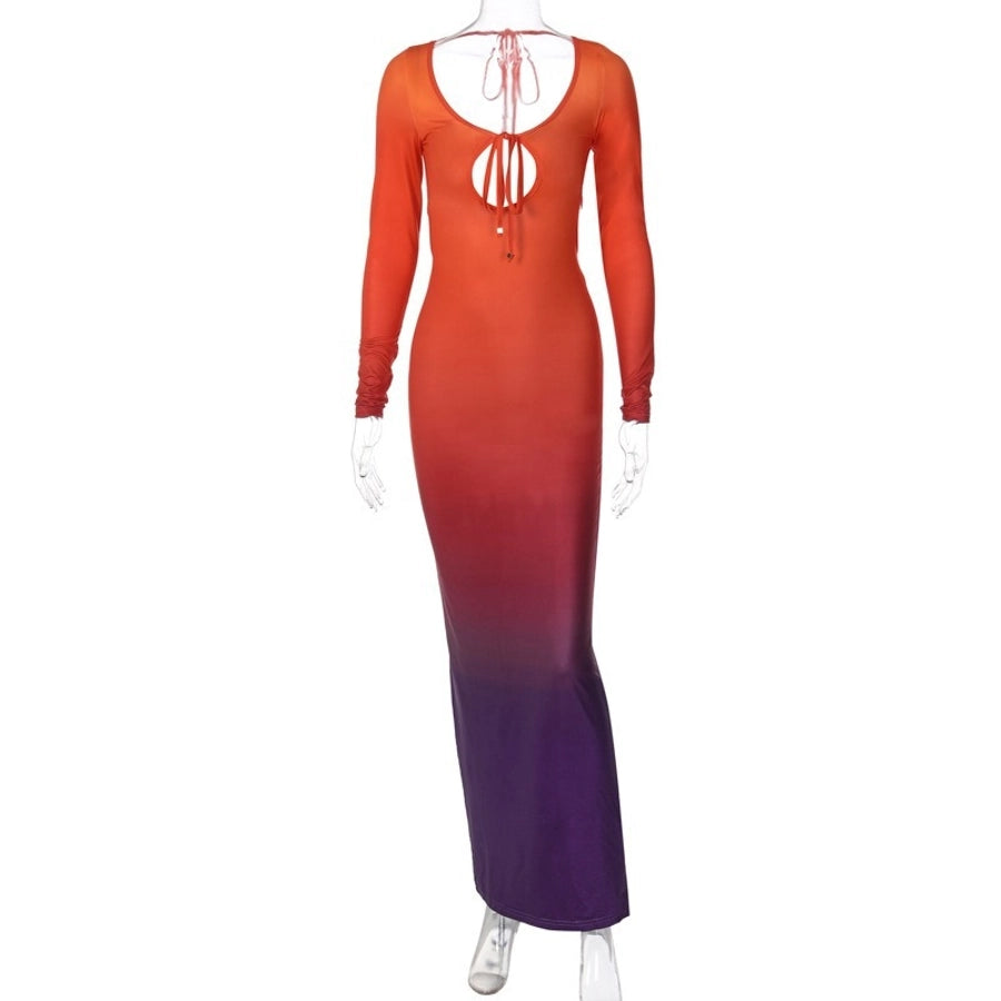 Women's Sheath Dress Elegant Sexy U Neck Hollow Out Long Sleeve Gradient Color Maxi Long Dress Holiday