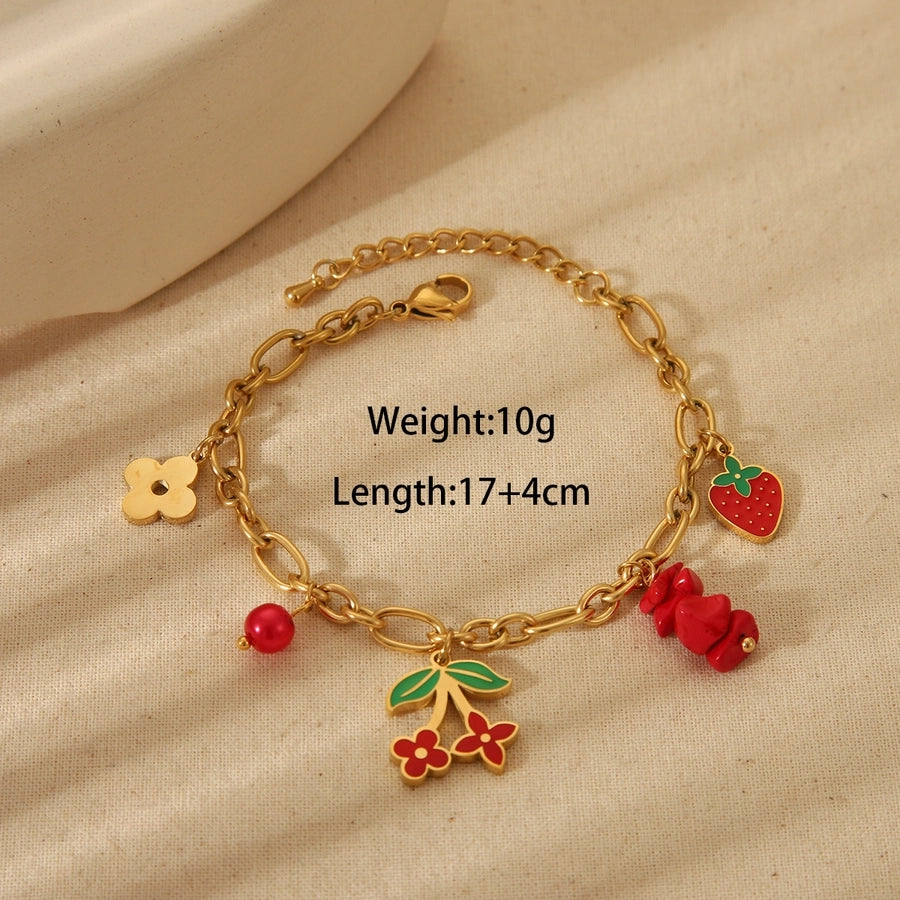 Jewelry Cute Sweet Cherry Strawberry 304 Stainless Steel 18K Gold Plated Epoxy Plating Bracelets Earrings Necklace - CEJEW