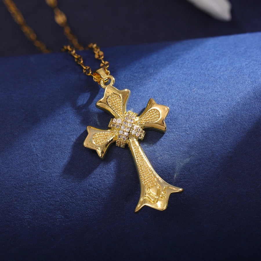 Classic Style Cross 304 Stainless Steel Copper Inlay 18K Gold Plated Zircon Pendant Necklace