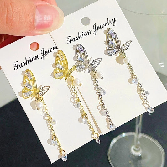 1 pair ig style japanese style tassel butterfly plating inlay imitation pearl alloy rhinestones 14k gold plated drop earrings