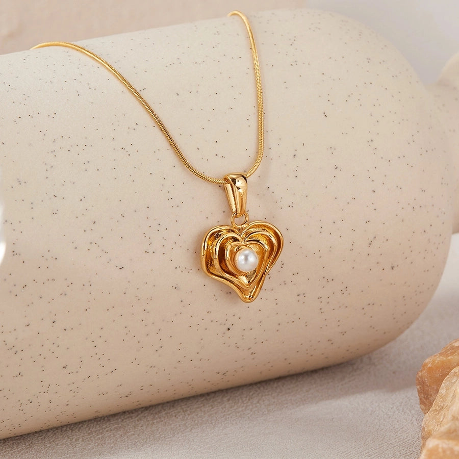 Jewelry Simple Style IG Style Heart Shape 304 Stainless Steel Pearl Inlay Stainless Steel Necklaces - CEJEW