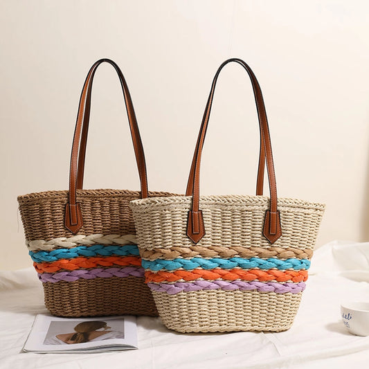 Women's Straw Stripe Vacation Weave Shell Zipper Tote Bag